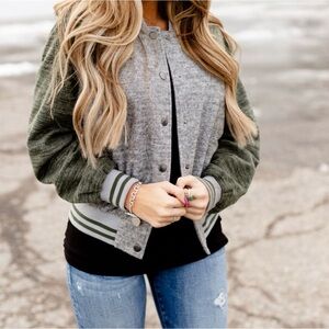AMPERSAND AVE Gray and Olive Green Varsity Jacket